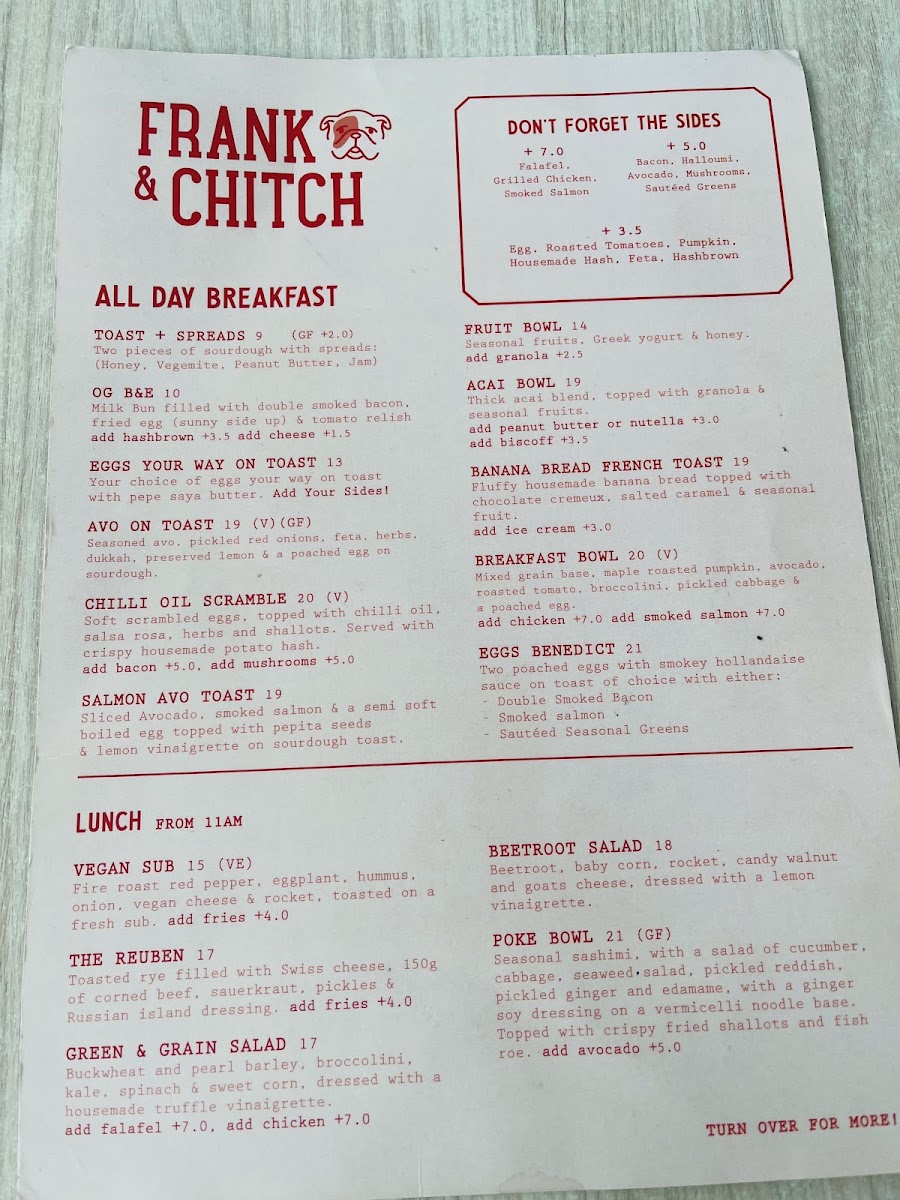 Frank & Chitch menu board