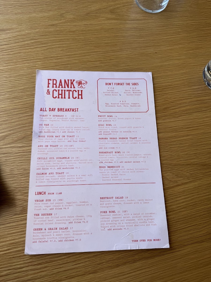Frank & Chitch menu board