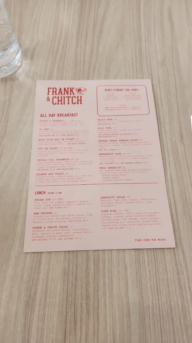 Frank & Chitch menu board