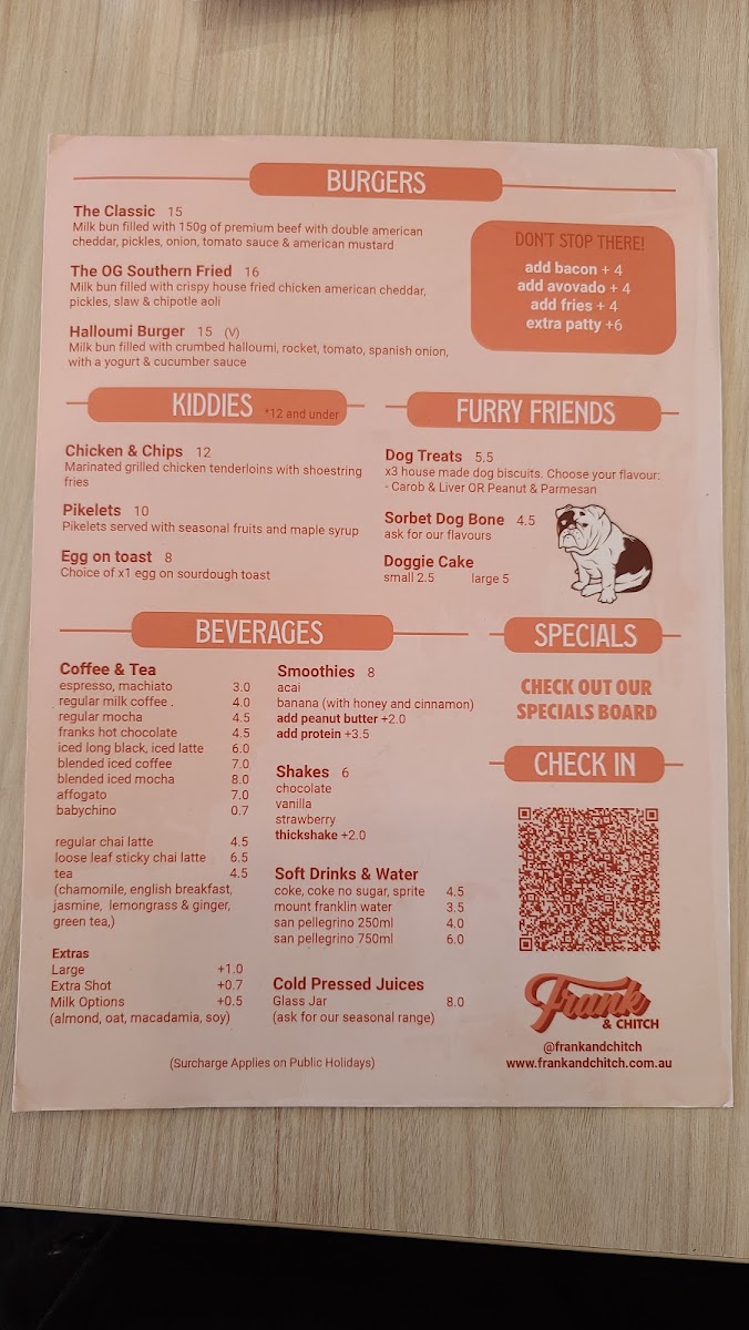 Frank & Chitch menu board