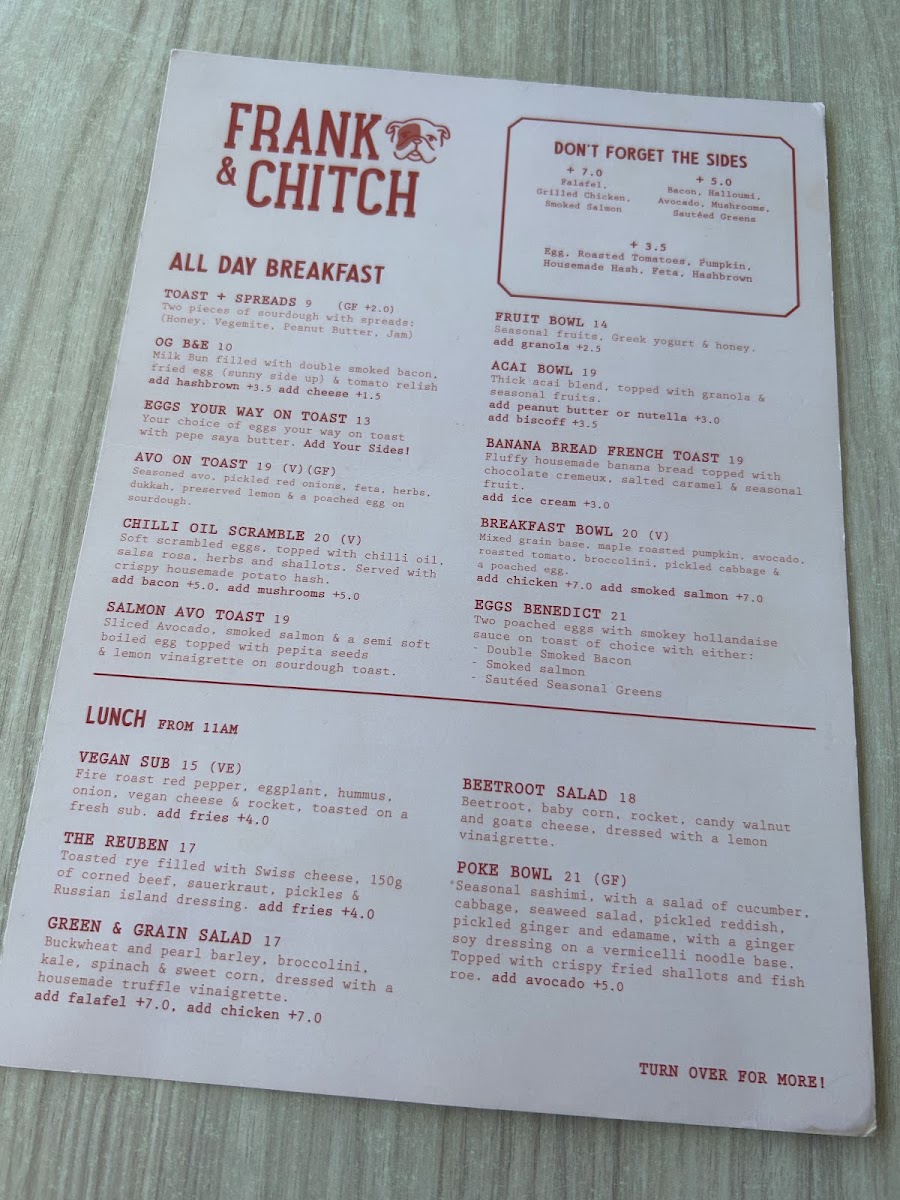Frank & Chitch menu board