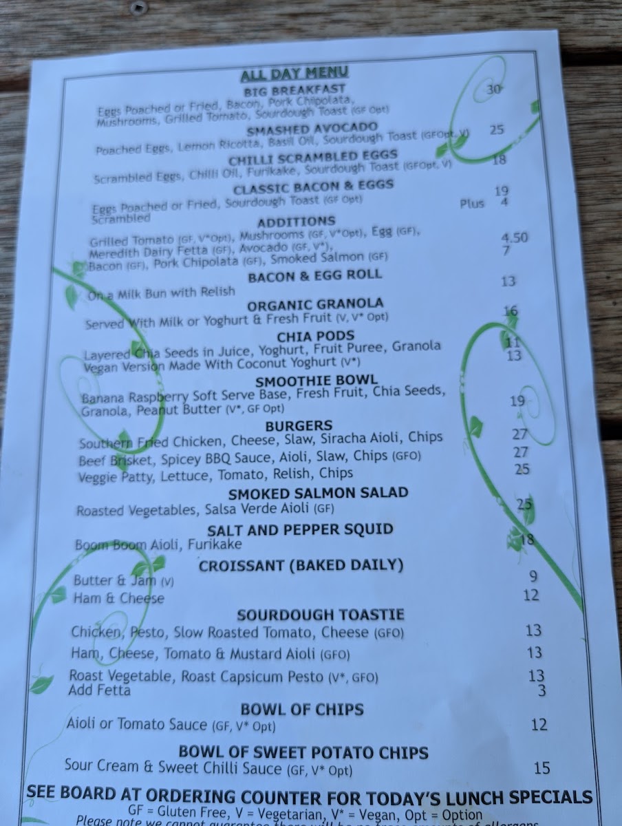 Green Heart Cafe & Providore menu board