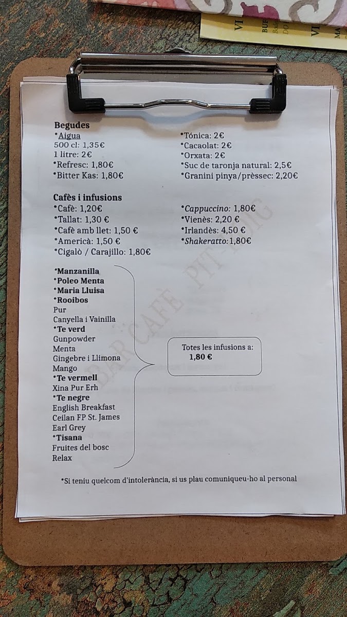 Pit-Roig Bar Cafè menu board