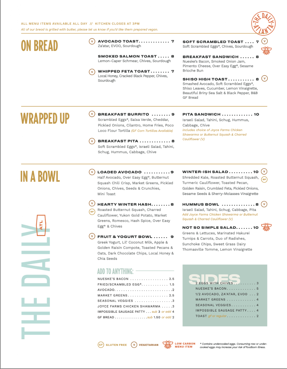 The Daily Cafe - Buckhead menu board