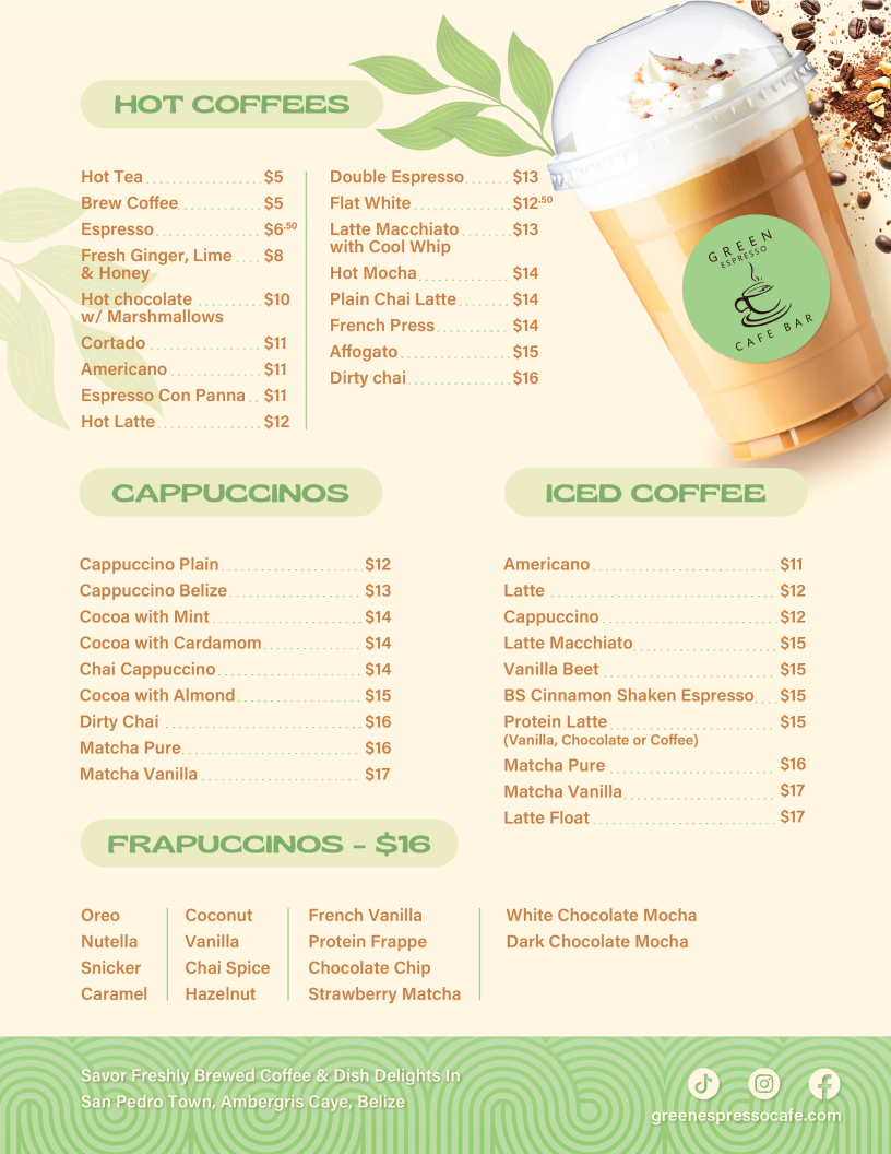 Green Espresso Cafe Bar menu board