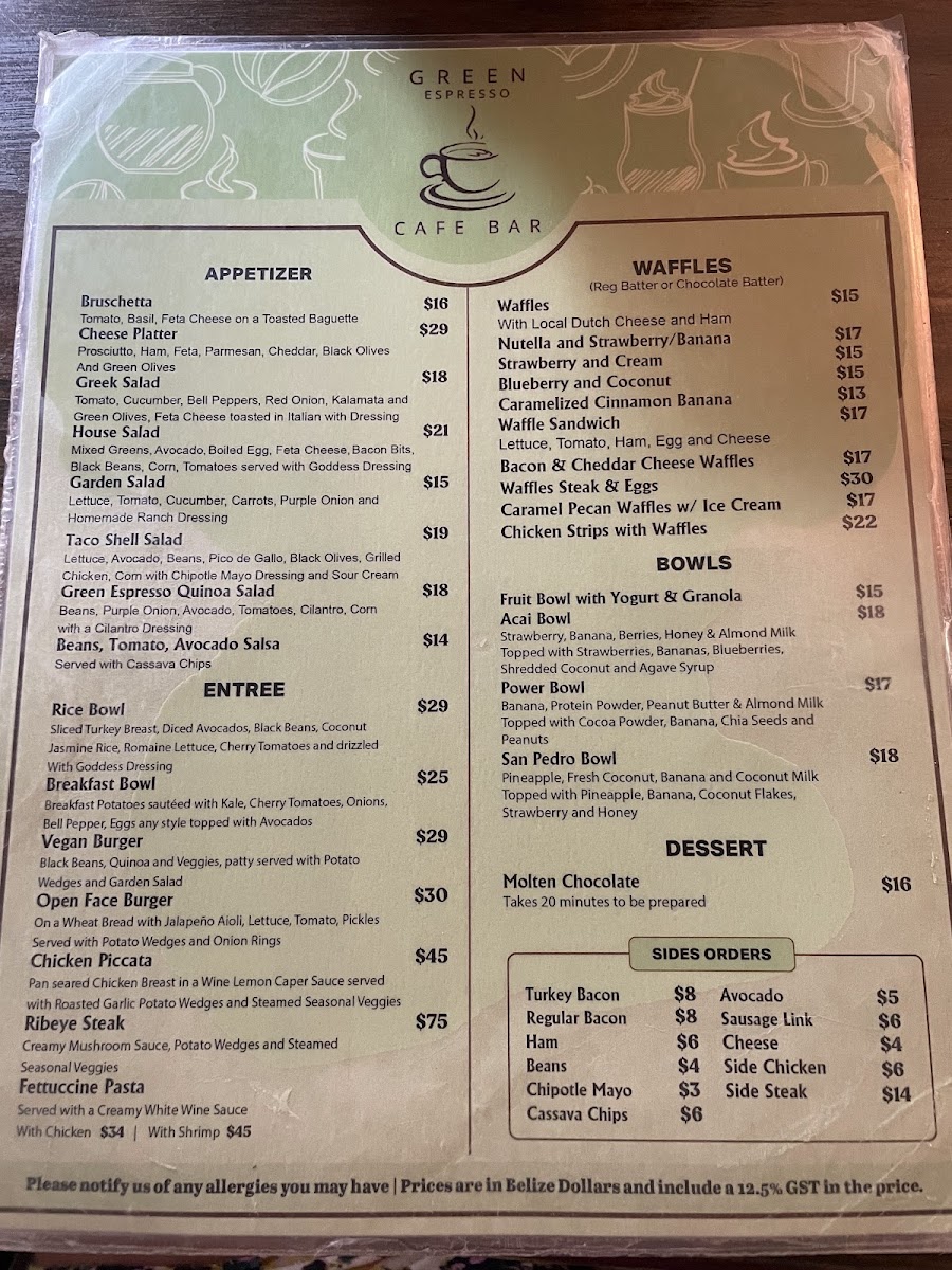 Green Espresso Cafe Bar menu board