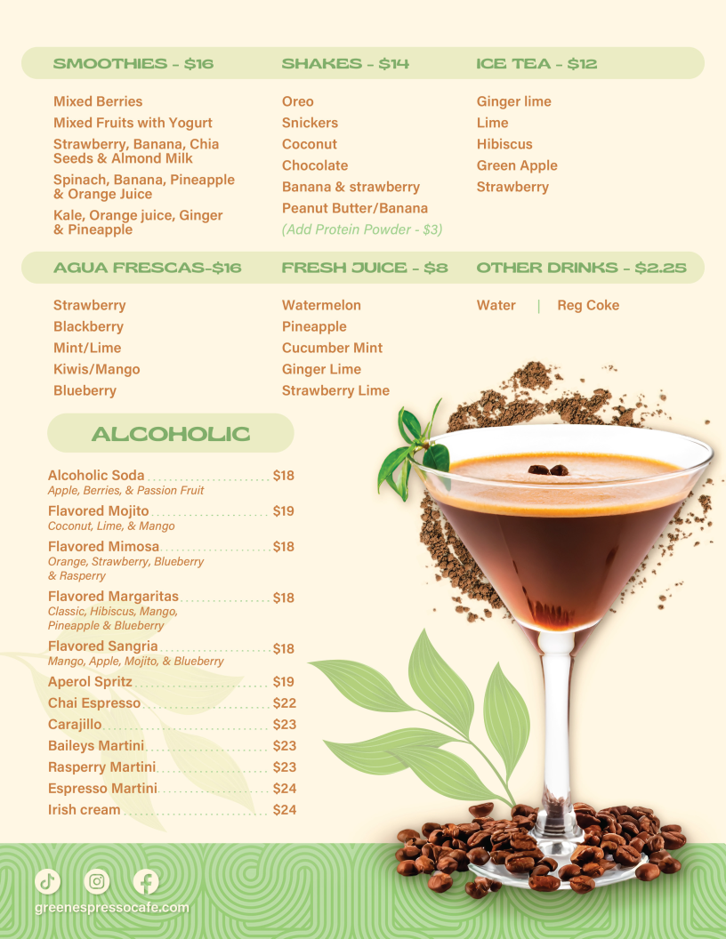 Green Espresso Cafe Bar menu board