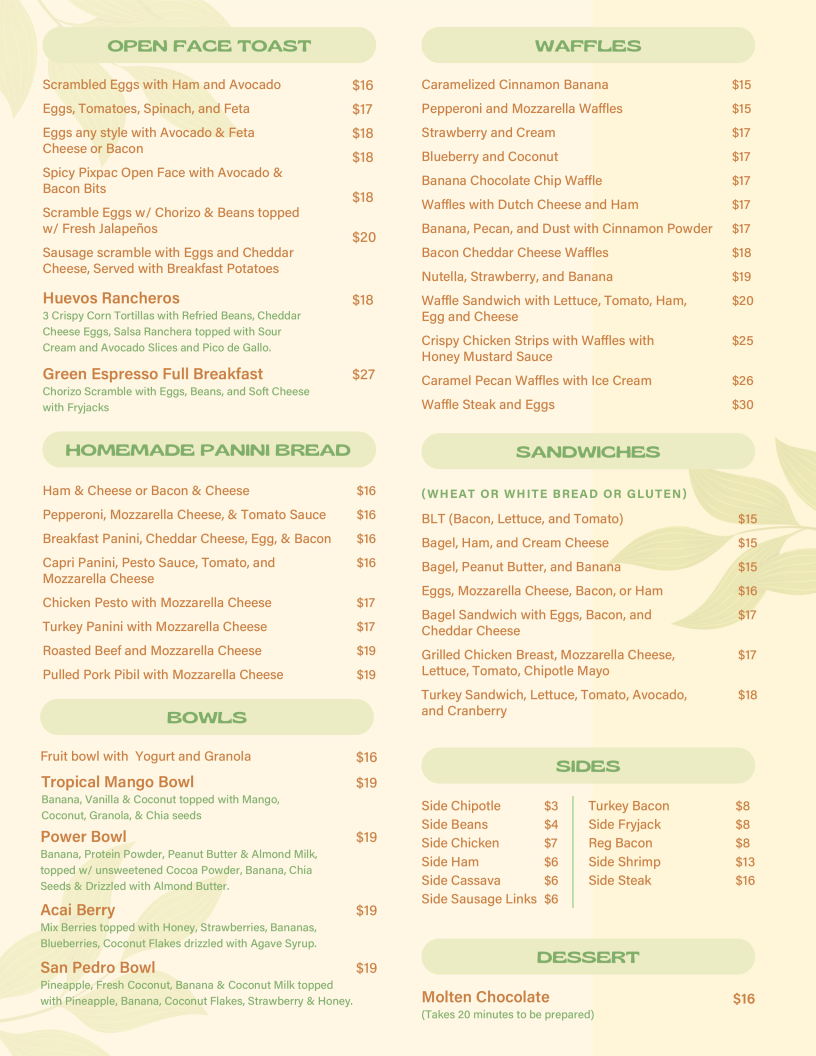 Green Espresso Cafe Bar menu board