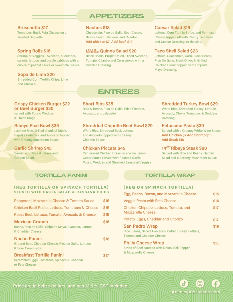 Green Espresso Cafe Bar menu board