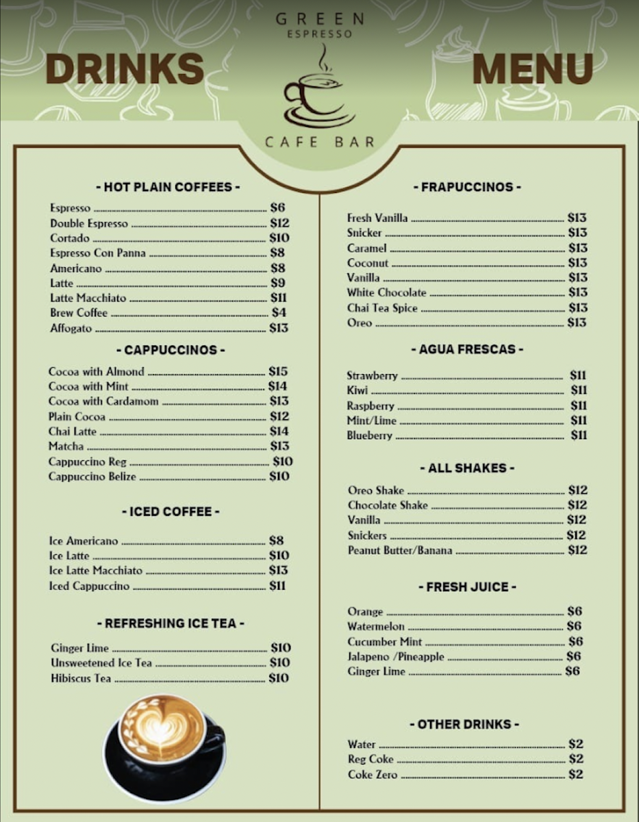 Green Espresso Cafe Bar menu board