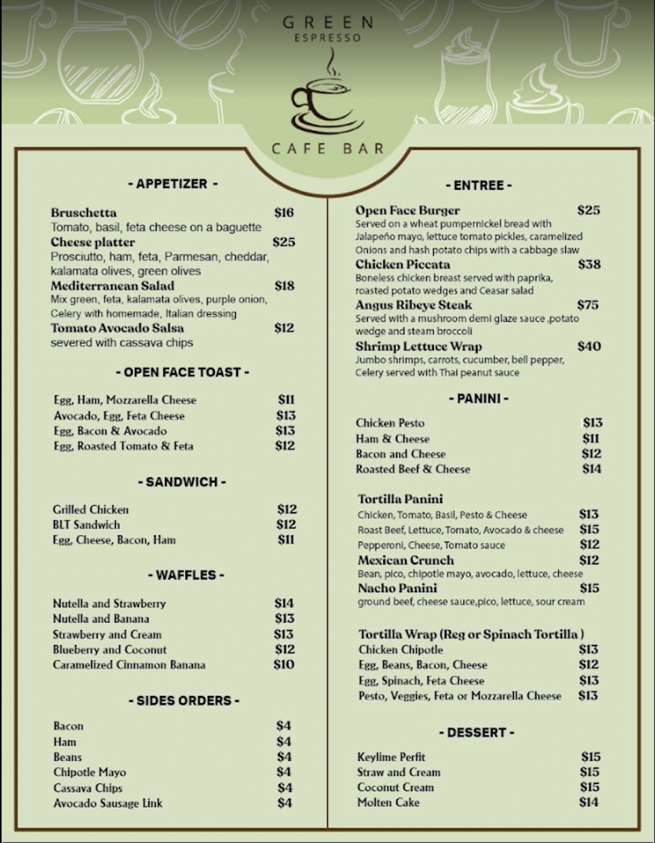 Green Espresso Cafe Bar menu board