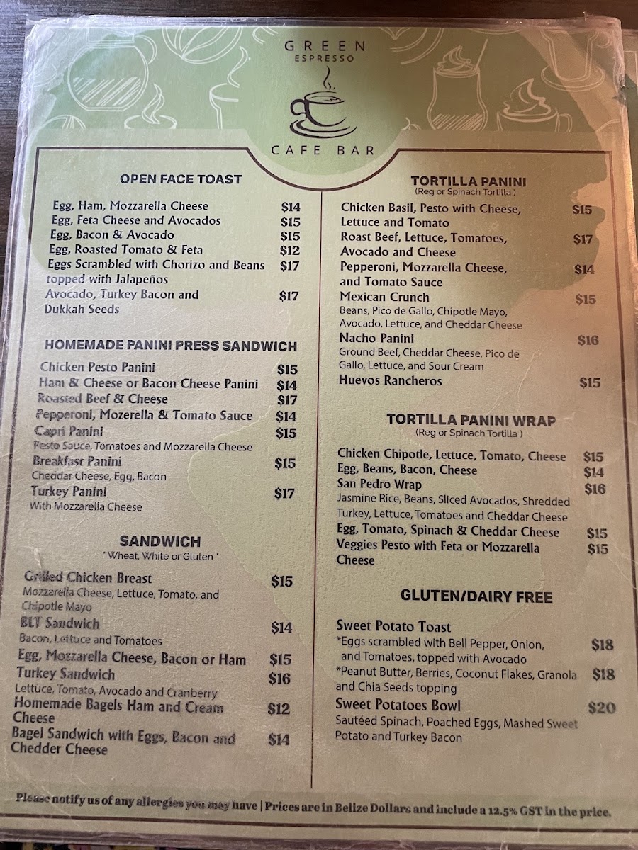 Green Espresso Cafe Bar menu board