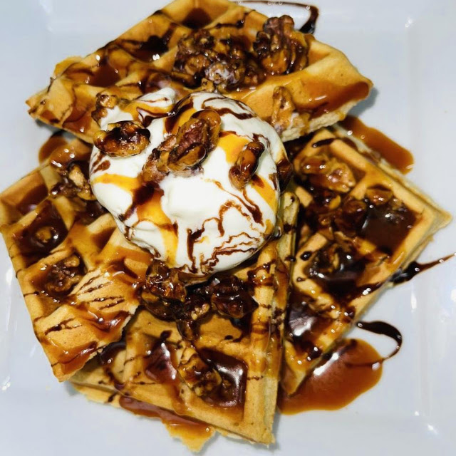 Caramel Pecan Waffles with Ice Cream