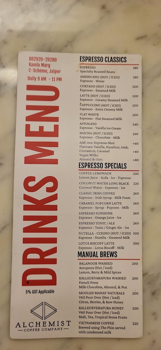 Alchemist Coffee Company Jaipur menu board