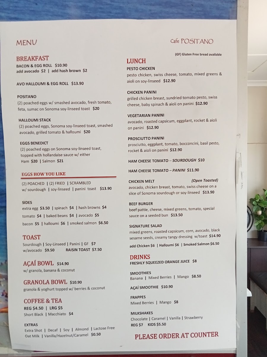 Cafe Positano menu board