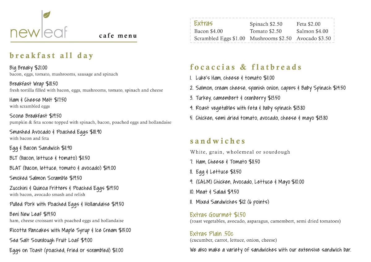 New Leaf Cafe Bairnsdale menu board