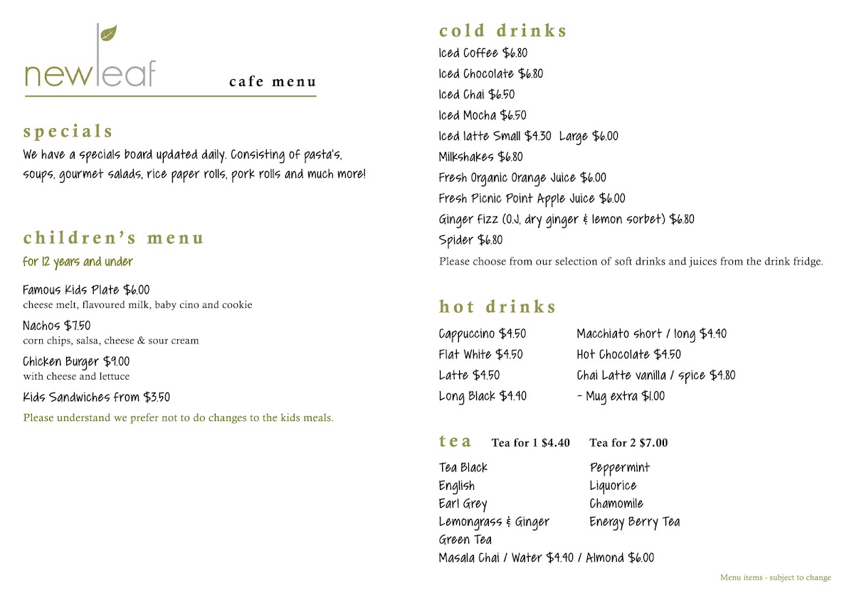 New Leaf Cafe Bairnsdale menu board