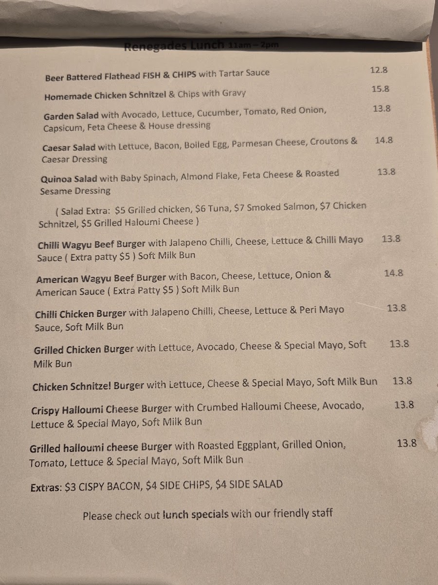 The Renegades Mascot menu board