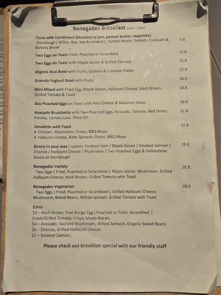 The Renegades Mascot menu board