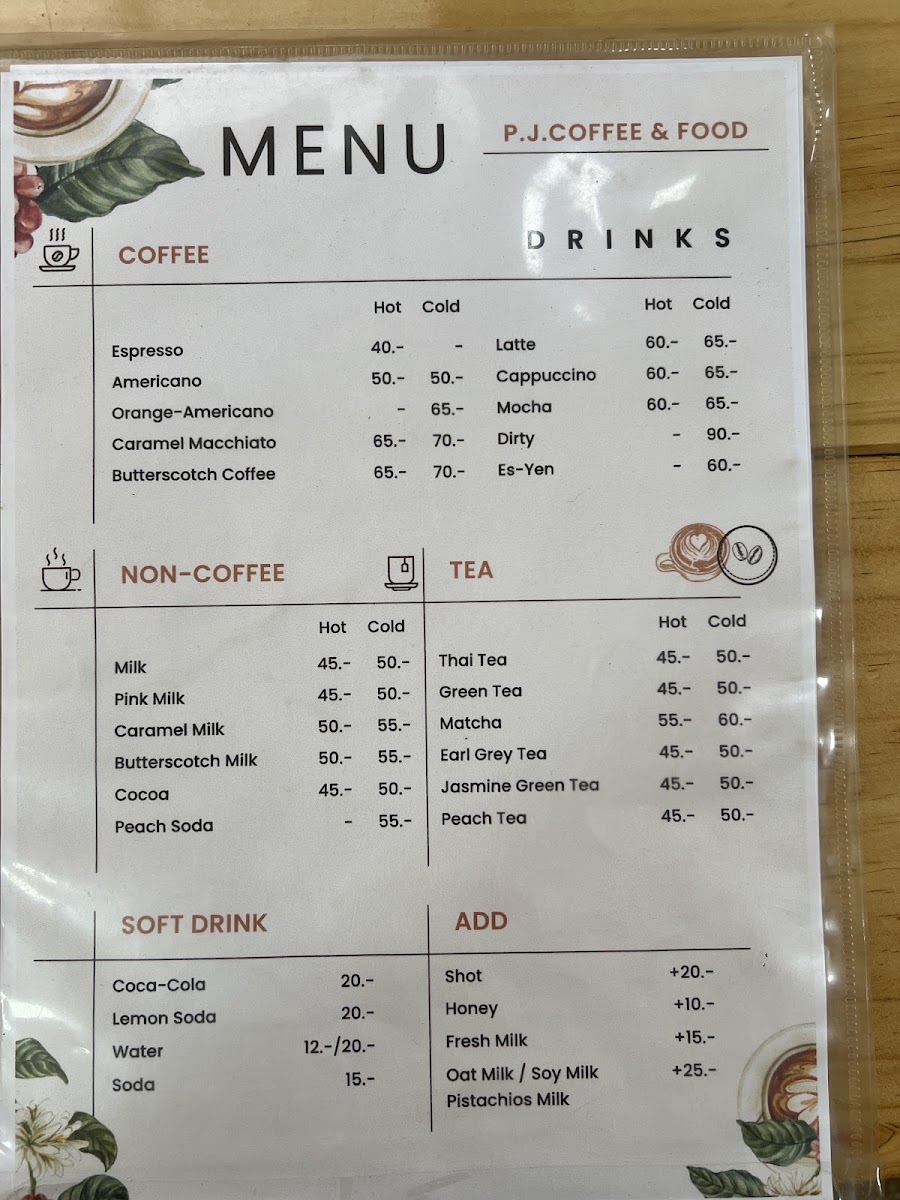 P.J. Coffee & Food menu board