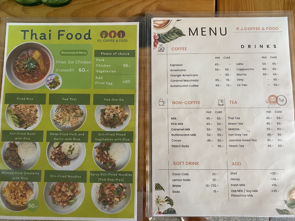 P.J. Coffee & Food menu board