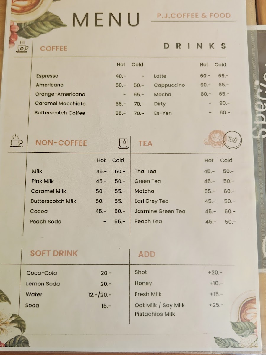 P.J. Coffee & Food menu board