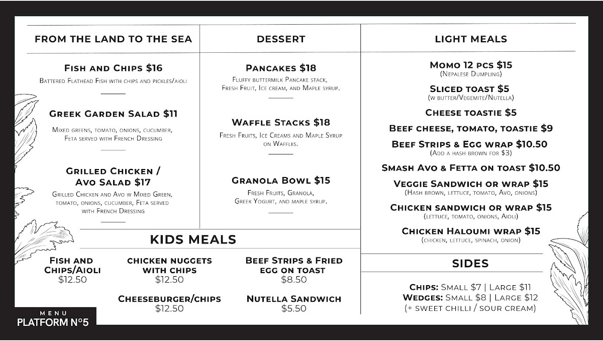 Platform No.5 menu board