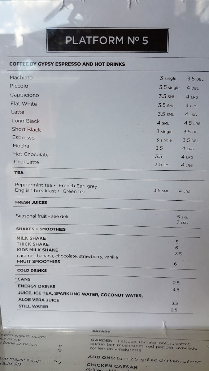 Platform No.5 menu board
