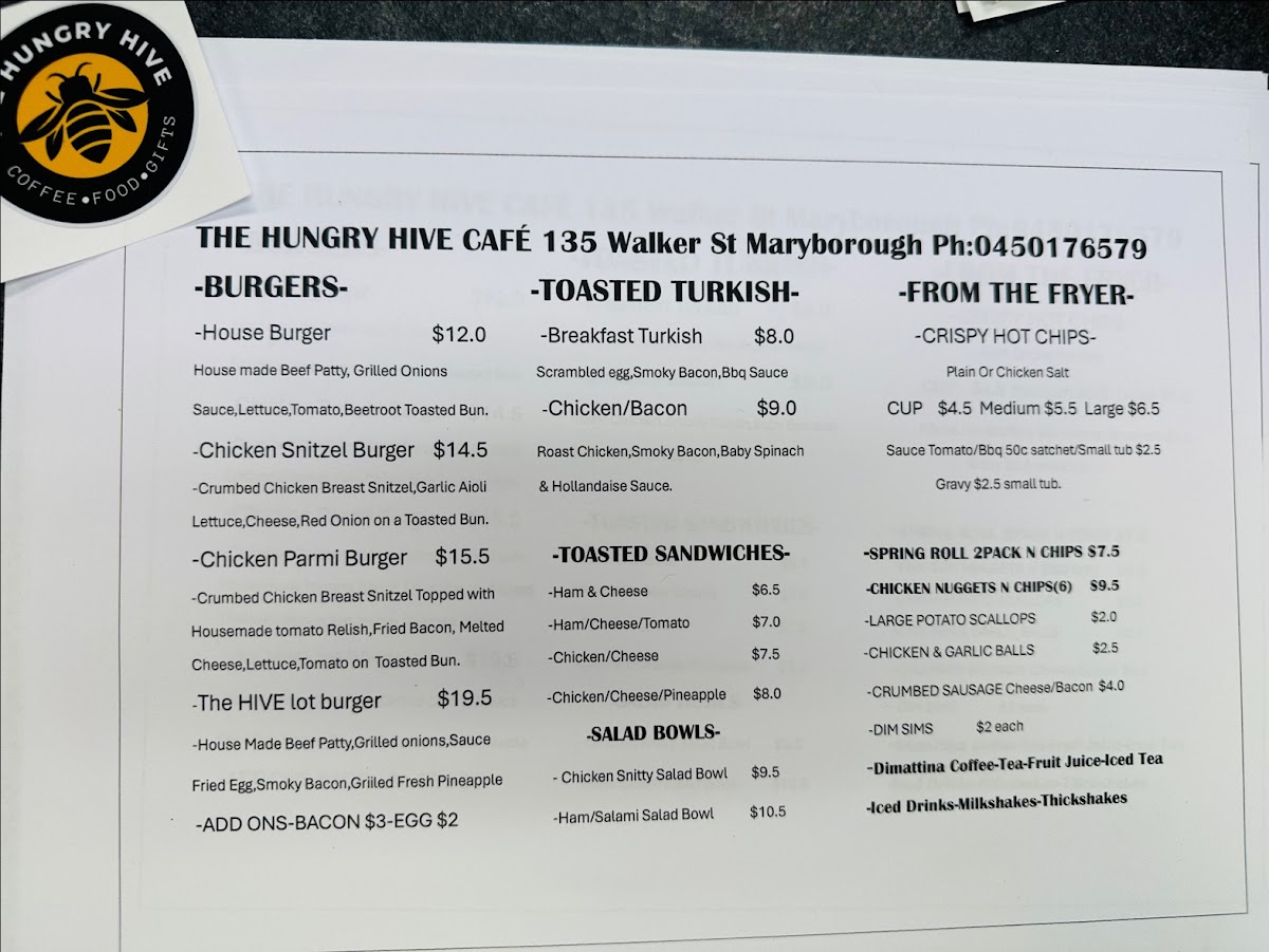 The Hungry Hive Cafe menu board