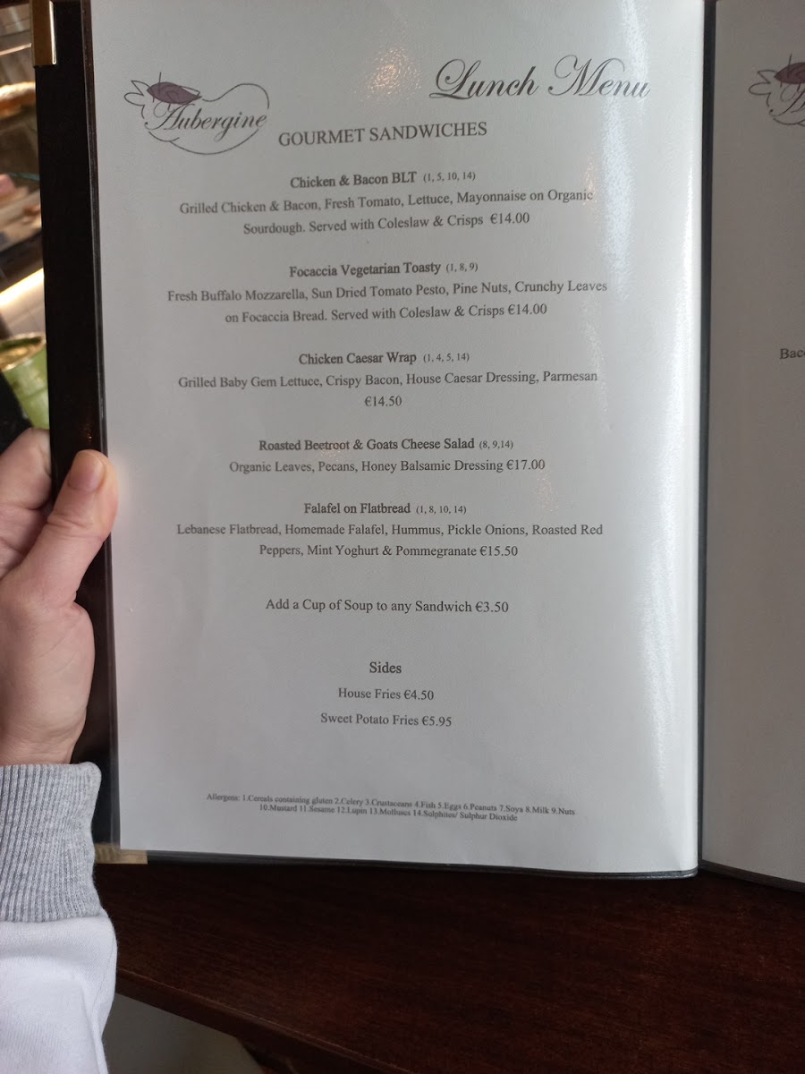 Aubergine Restaurant menu board