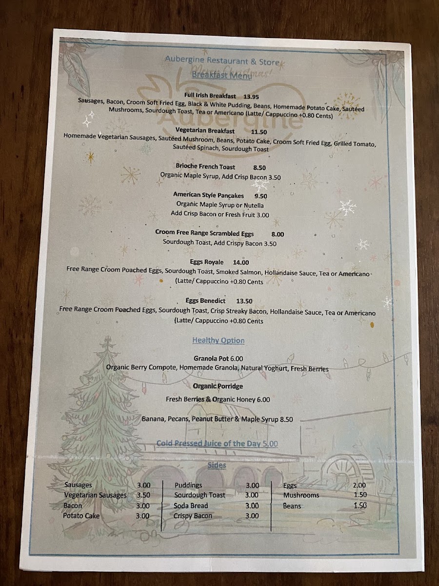 Aubergine Restaurant menu board