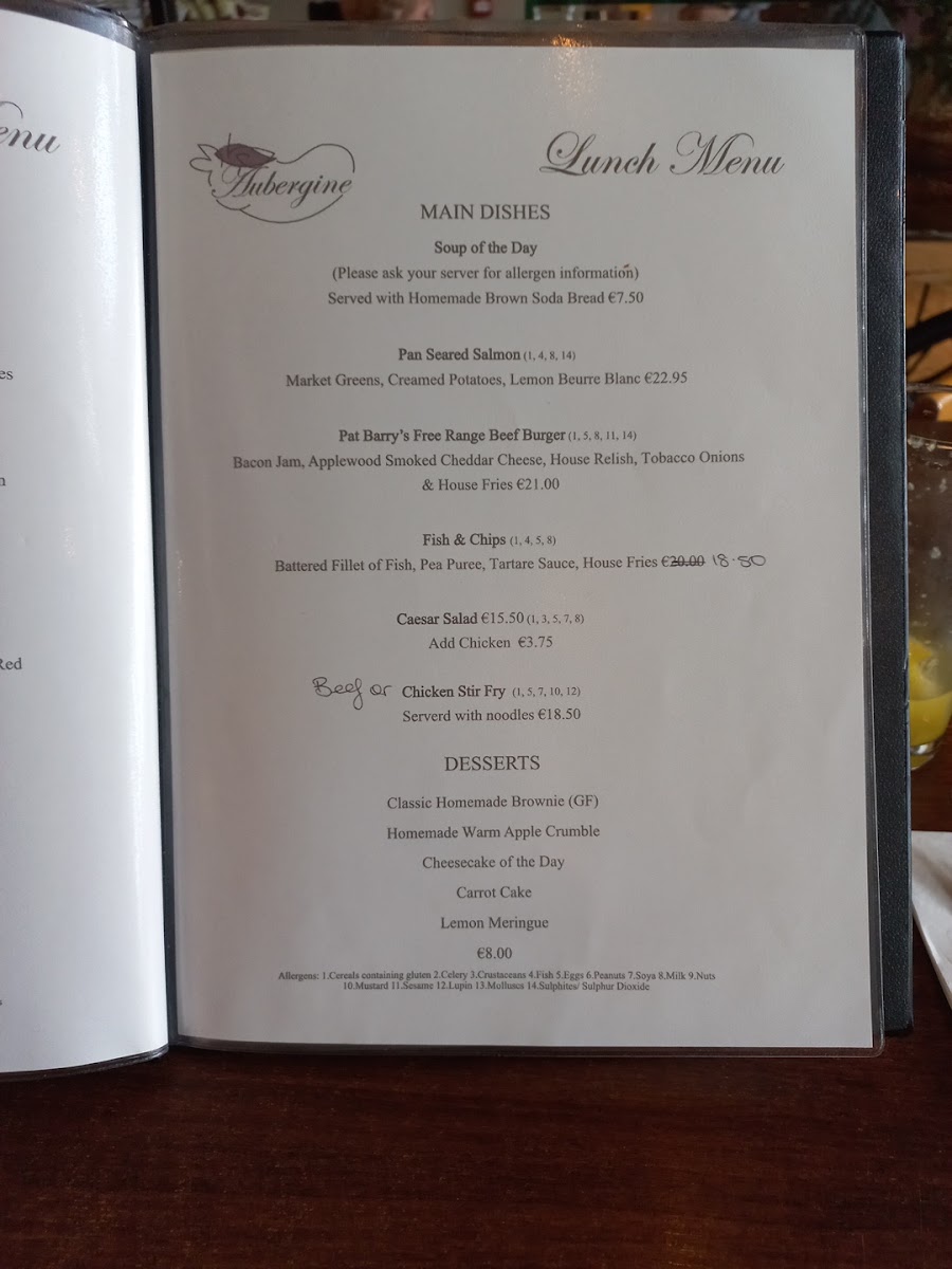 Aubergine Restaurant menu board