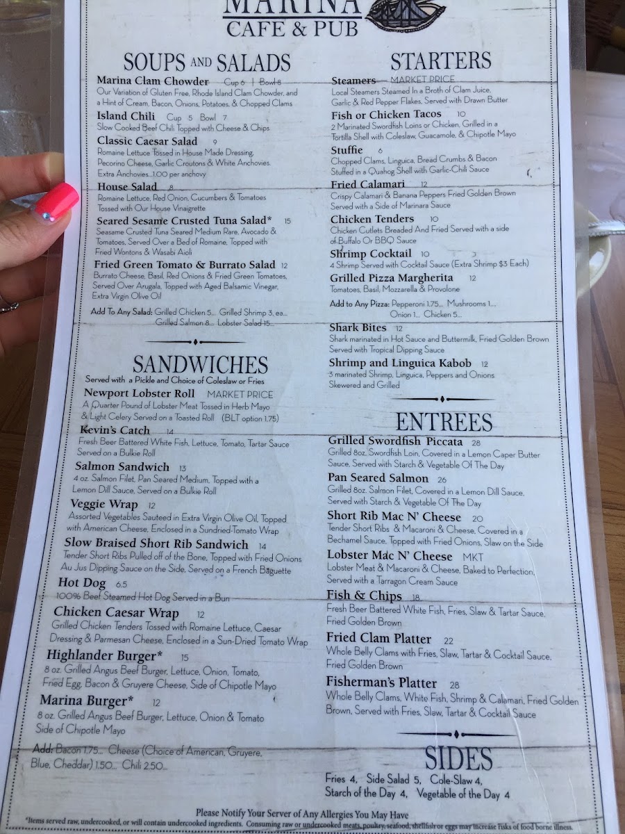 Marina Café & Pub menu board