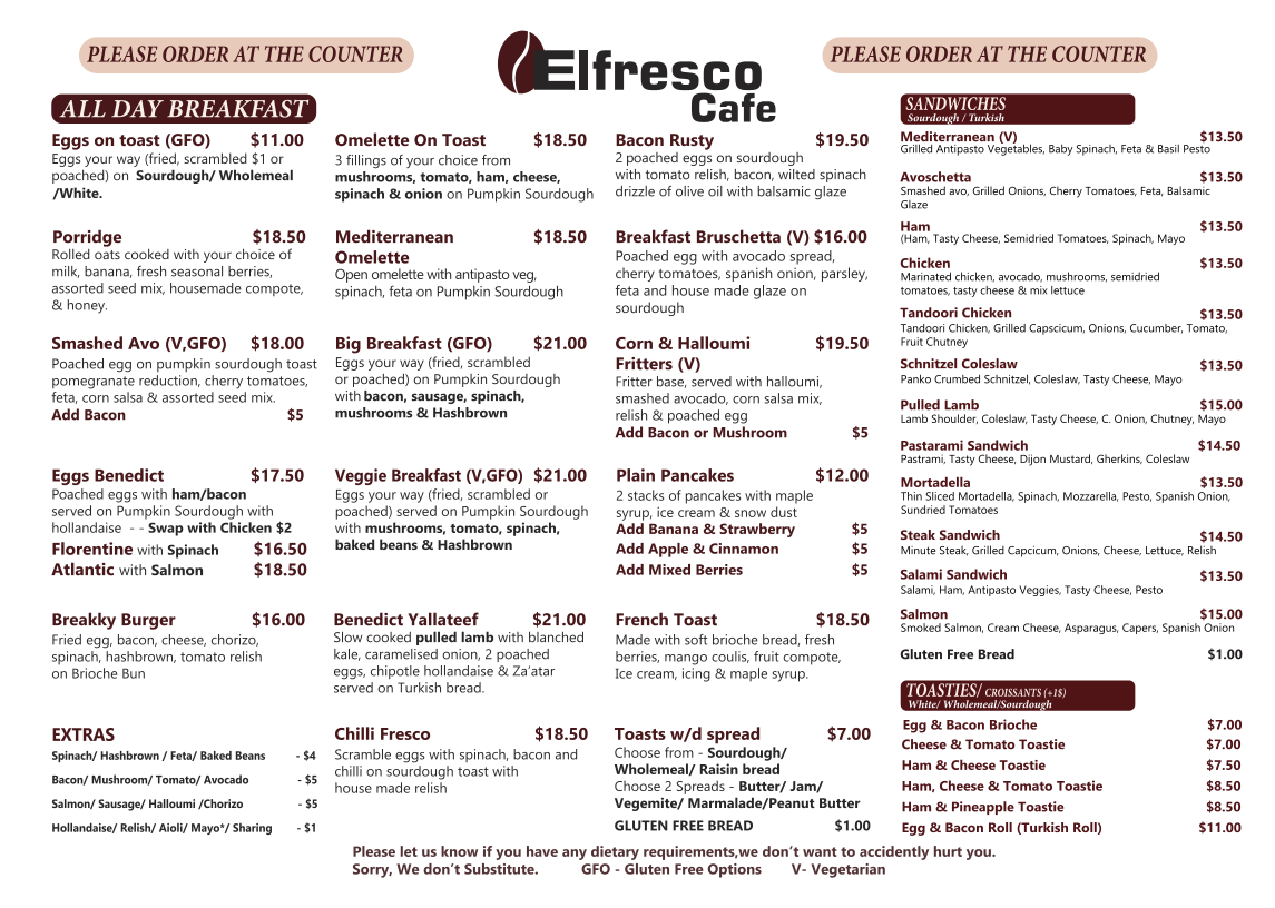 Elfresco Cafe menu board