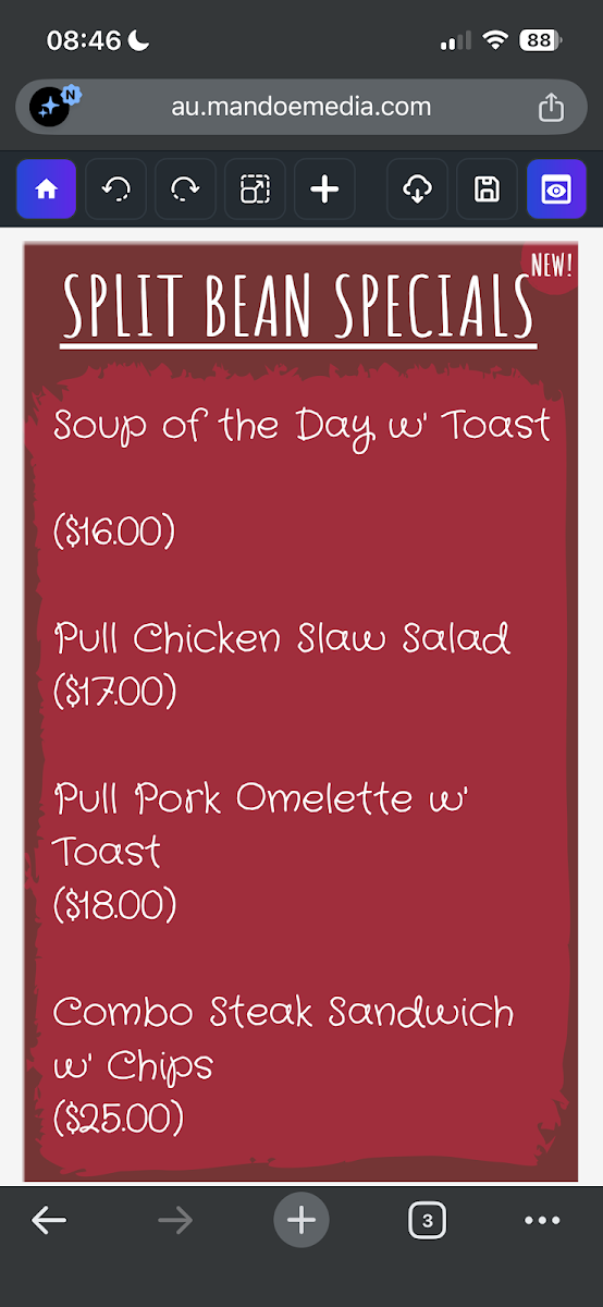 Split Bean Cafe menu board