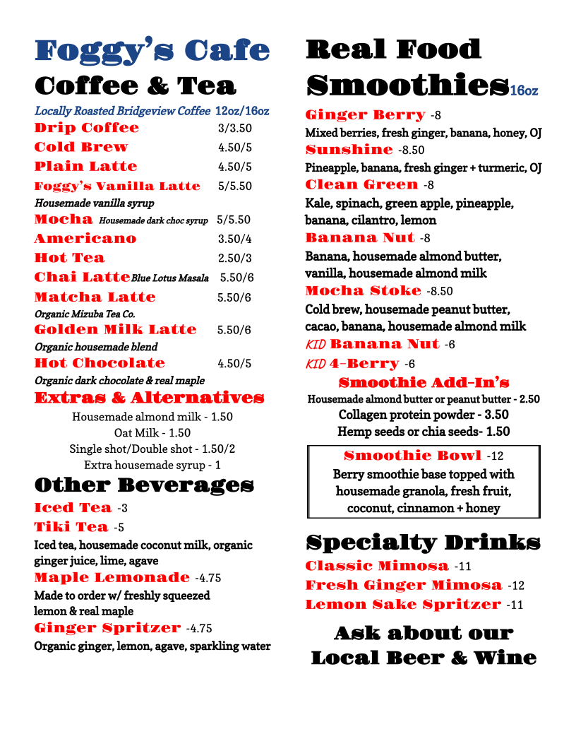 Foggy's Cafe menu board