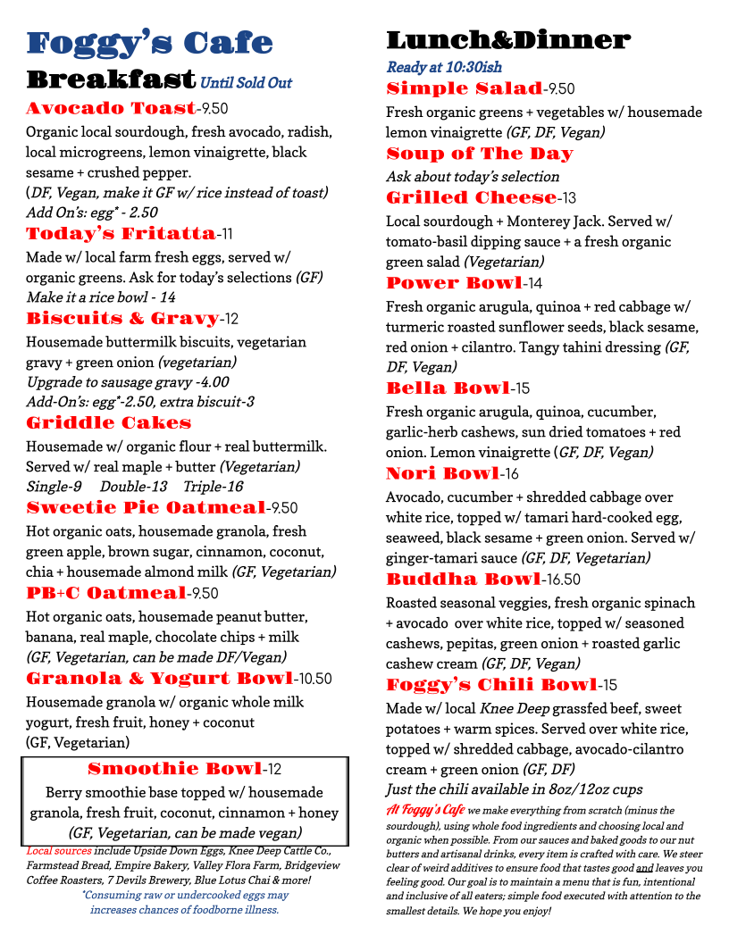 Foggy's Cafe menu board