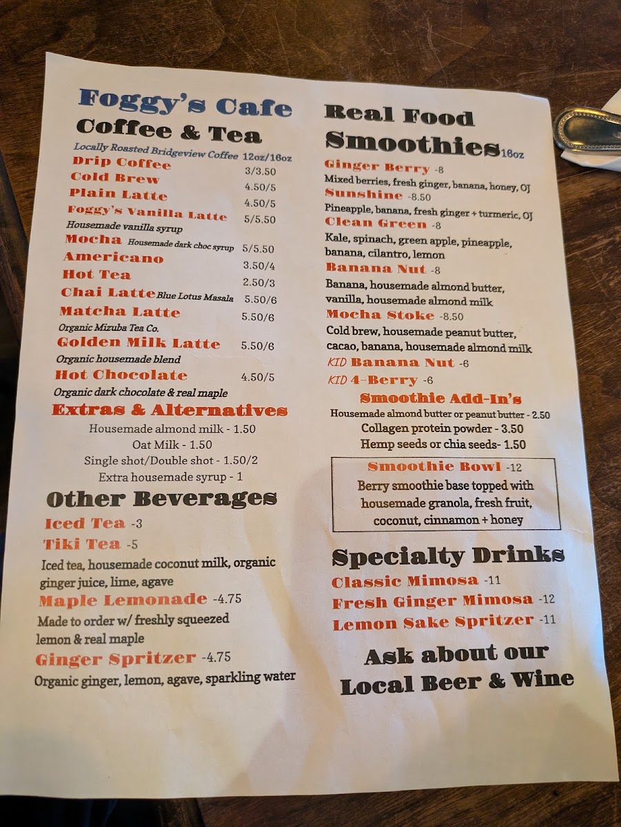 Foggy's Cafe menu board