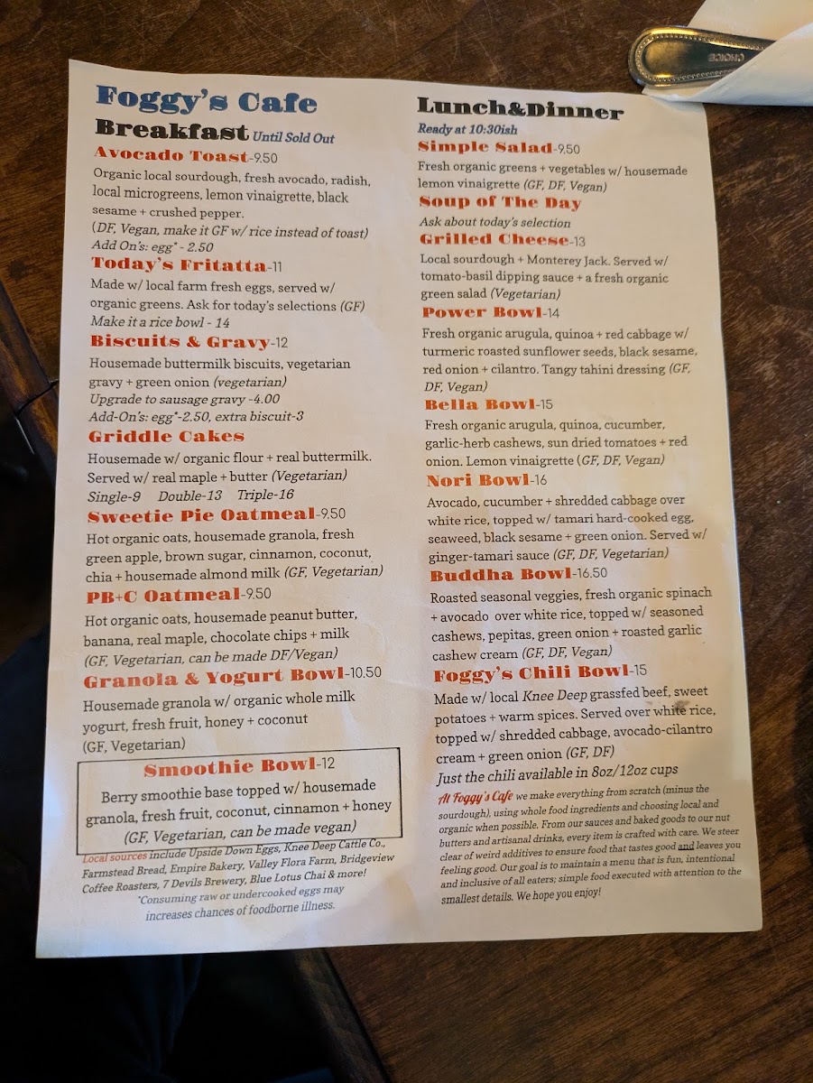 Foggy's Cafe menu board