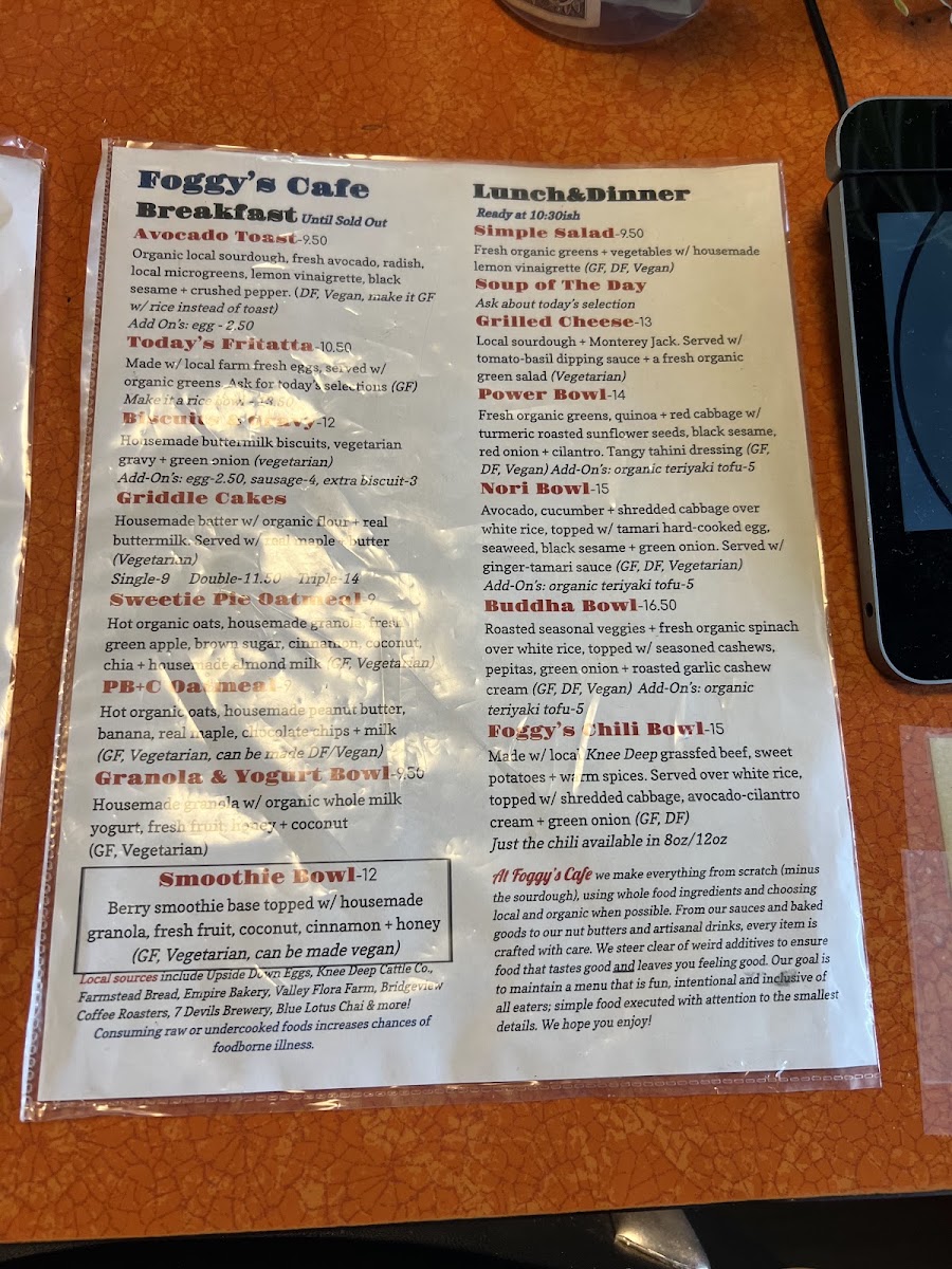 Foggy's Cafe menu board