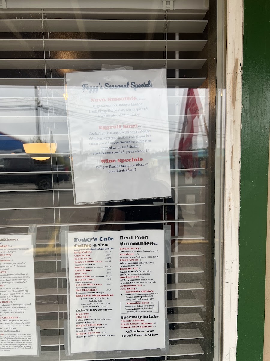 Foggy's Cafe menu board