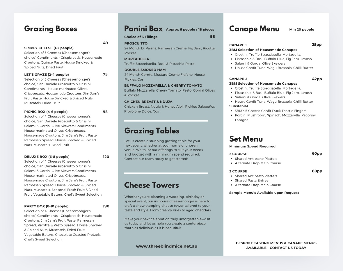 Three Blind Mice - Providore Kitchen menu board
