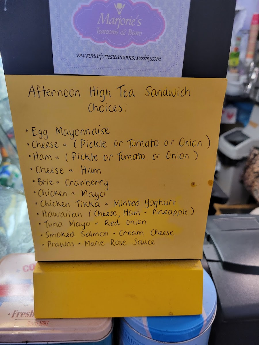 Marjorie's Tearooms & Bistro of Cosham menu board
