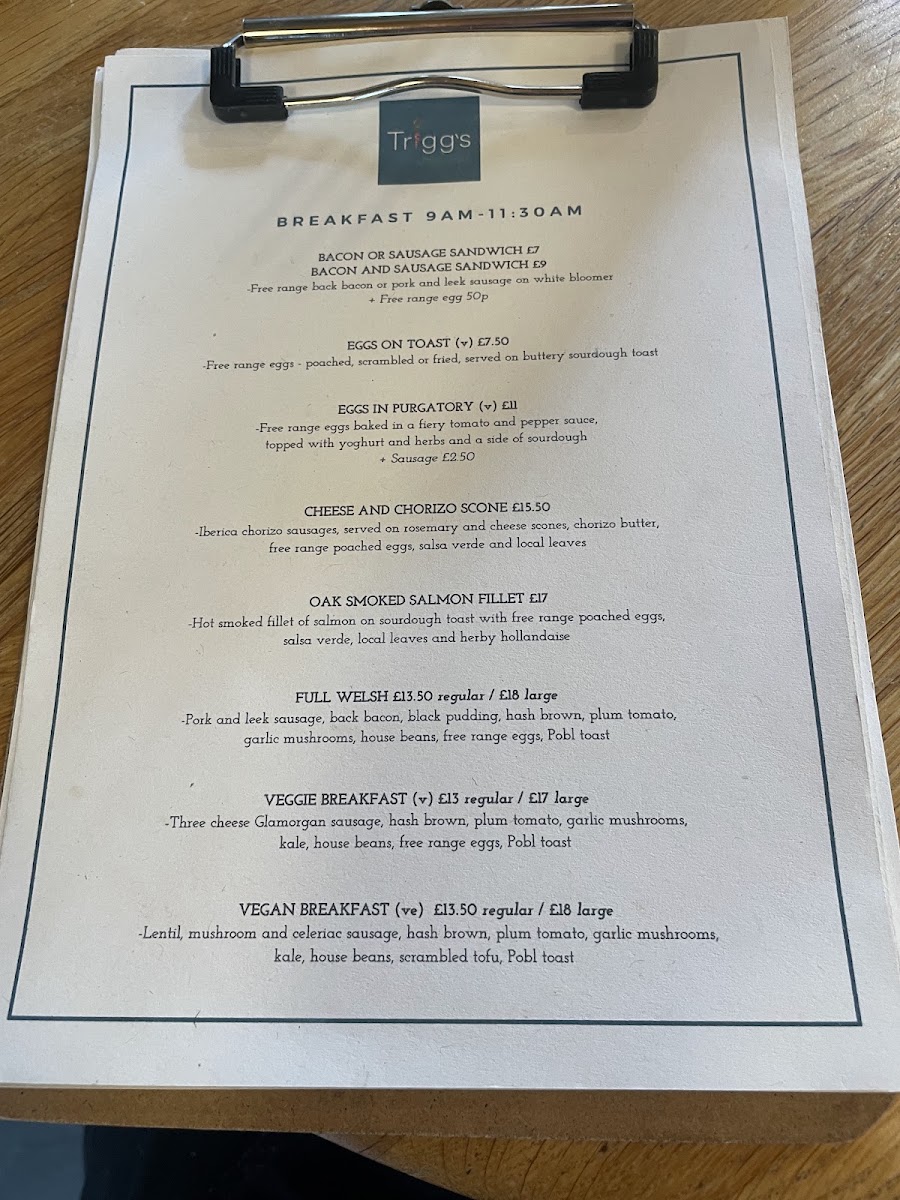 Trigg's at The Mill menu board
