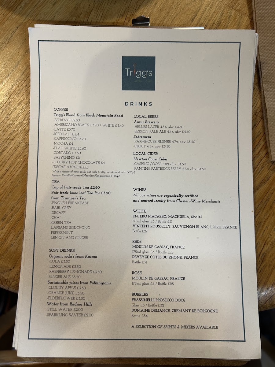 Trigg's at The Mill menu board