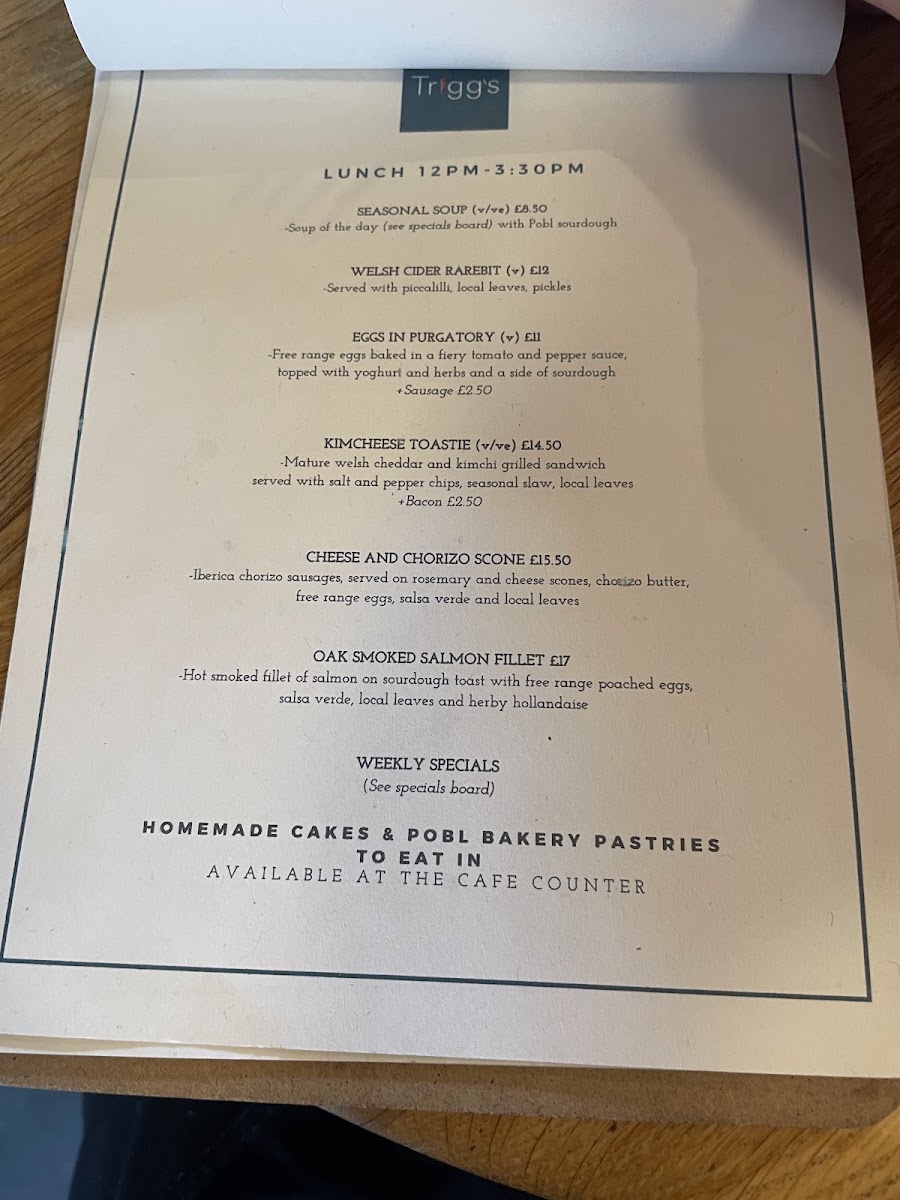 Trigg's at The Mill menu board