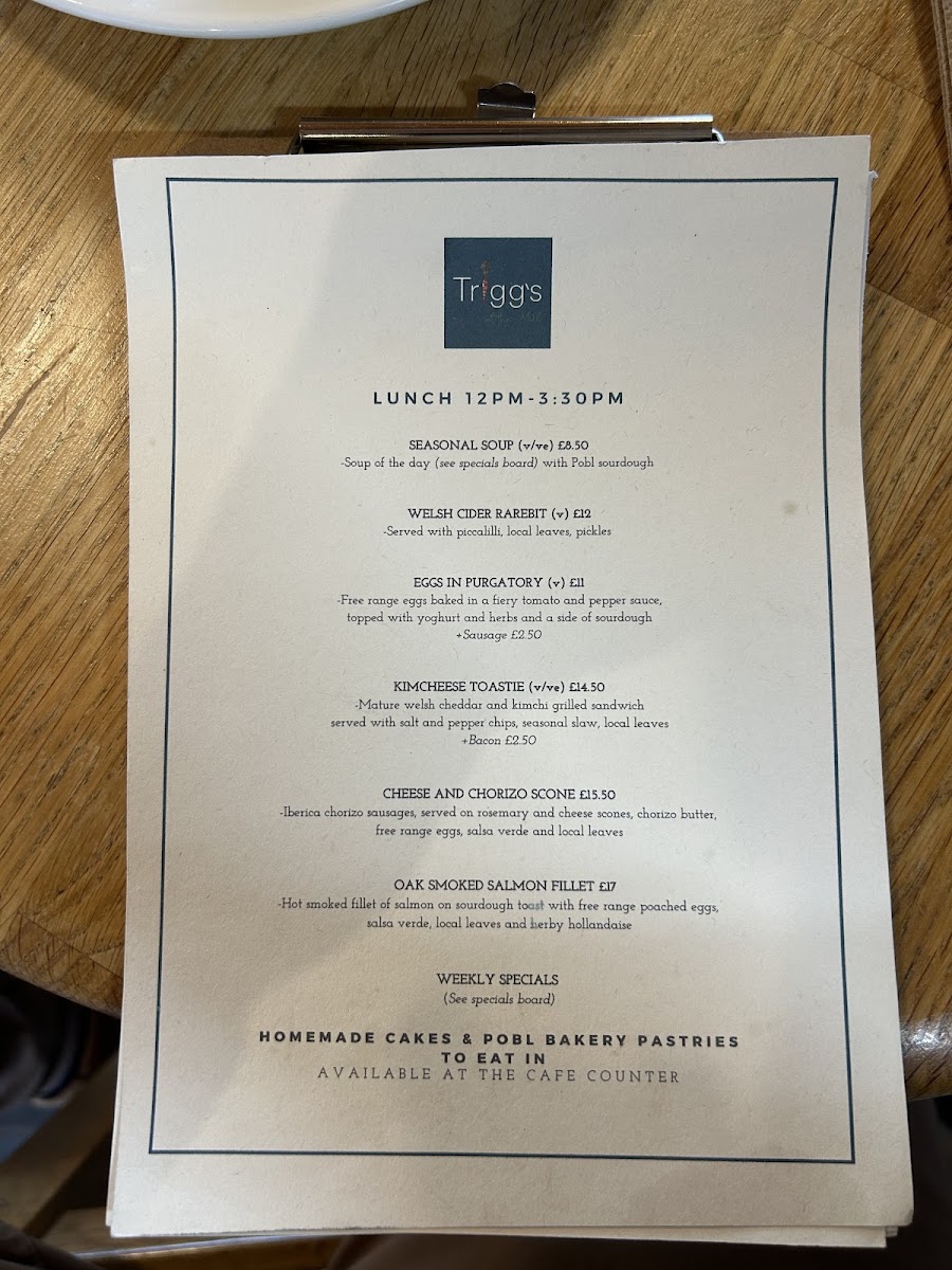 Trigg's at The Mill menu board