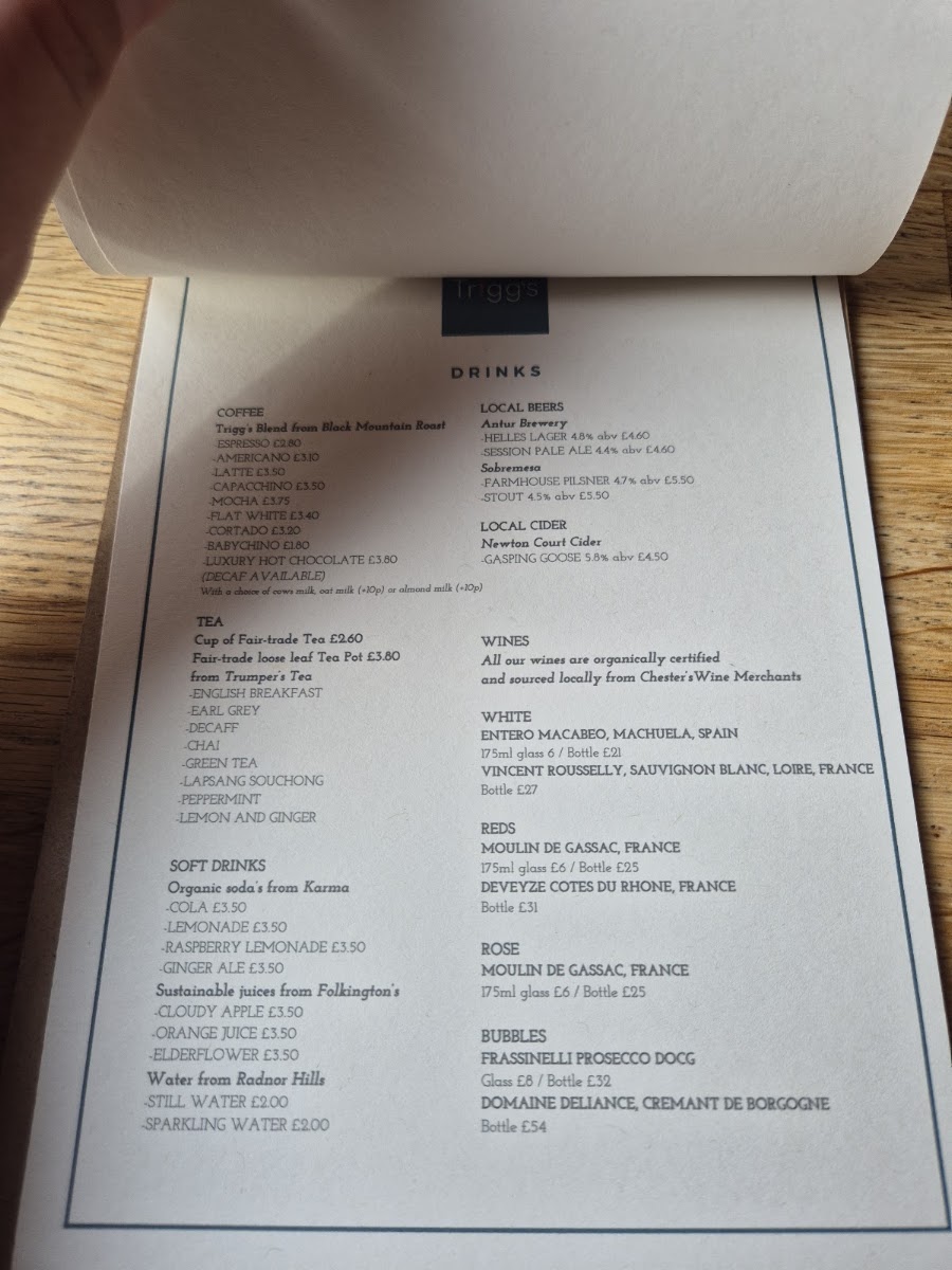 Trigg's at The Mill menu board