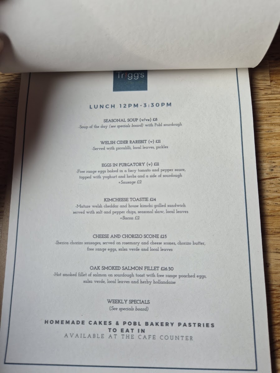 Trigg's at The Mill menu board