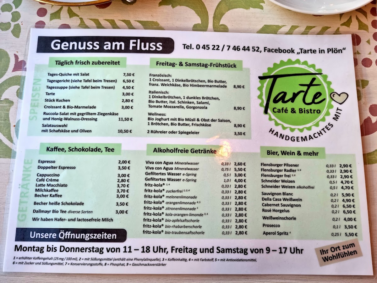Tarte Café & Bistro menu board
